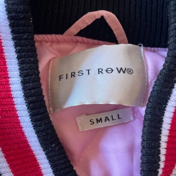 First Row Pen & Brush Cropped Varsity Jacket Pink White Patches Sz S - Picture 9 of 12